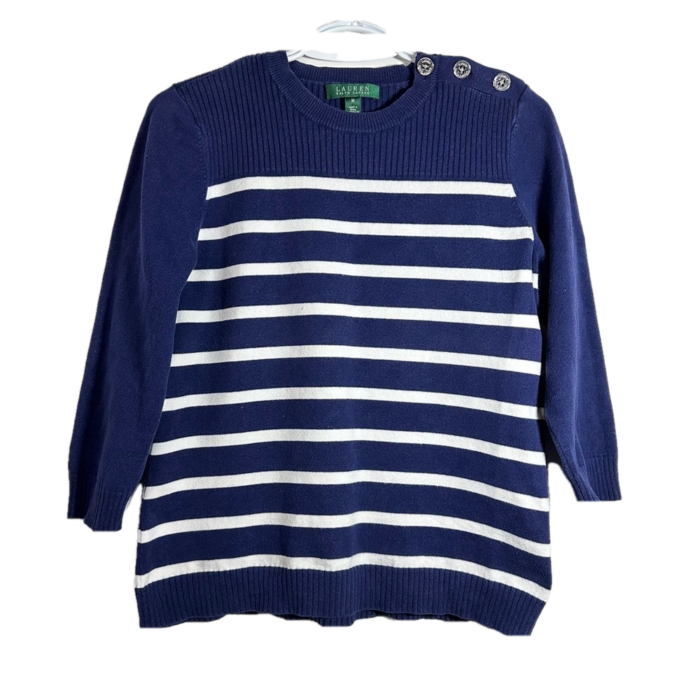 Lauren Ralph Lauren Nautical Navy Breton Stripe Button Detail Crew Sweater M